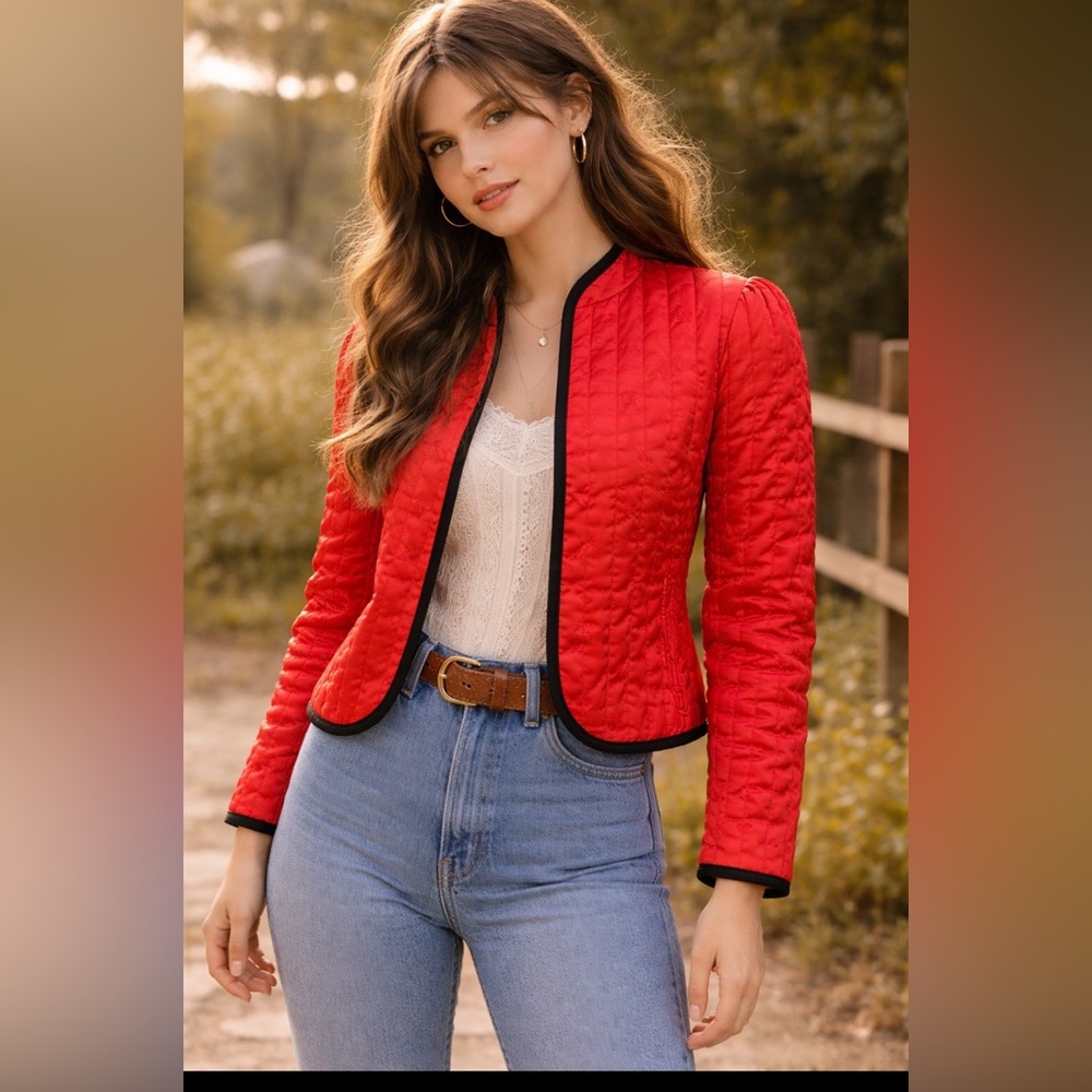 *Vintage 70’s 80’s- prairie style- Cropped- Red satin Quilted Jacket Black Trim